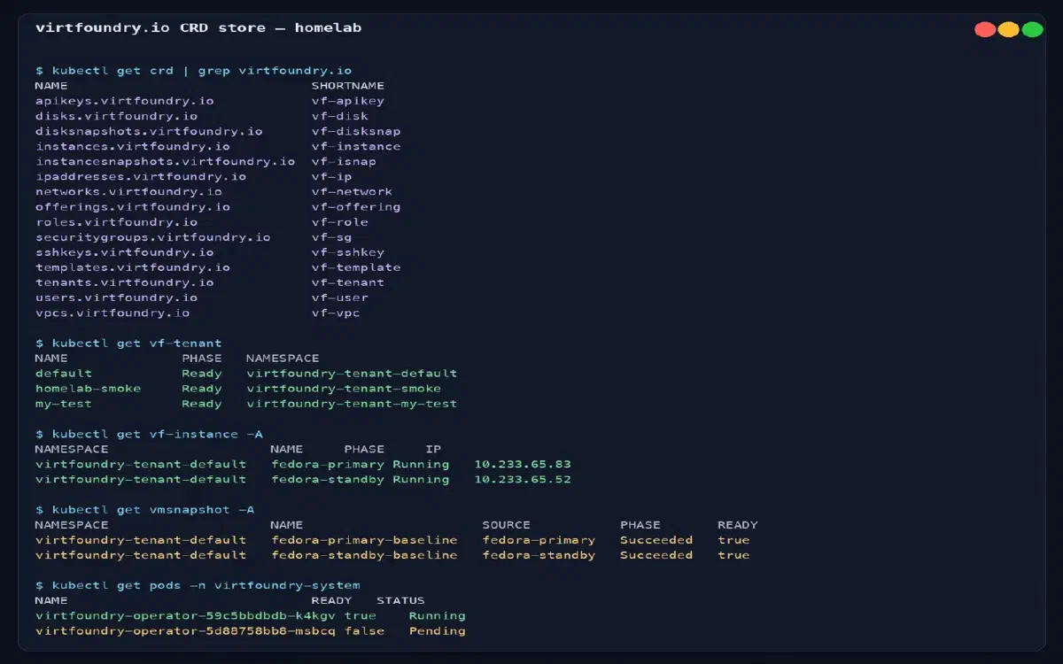 CRD store: kubectl get crd | grep virtfoundry.io