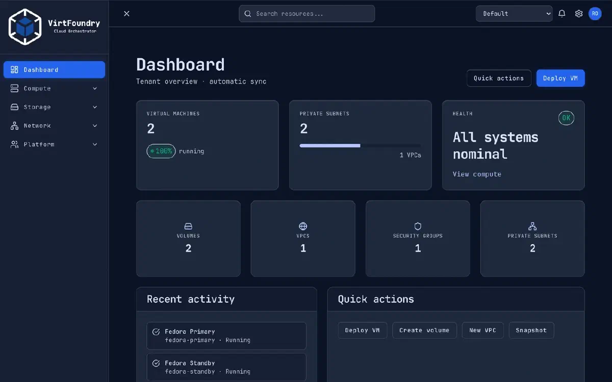 VirtFoundry dashboard in the homelab